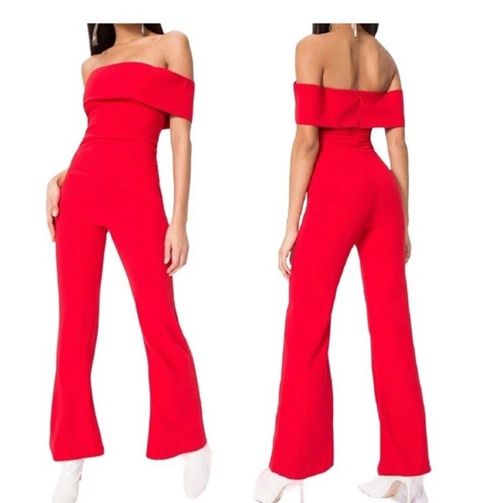Superdown Revolve Red Aubrey Jumpsuit Size Small Wide Flare Leg Off the Shoulder